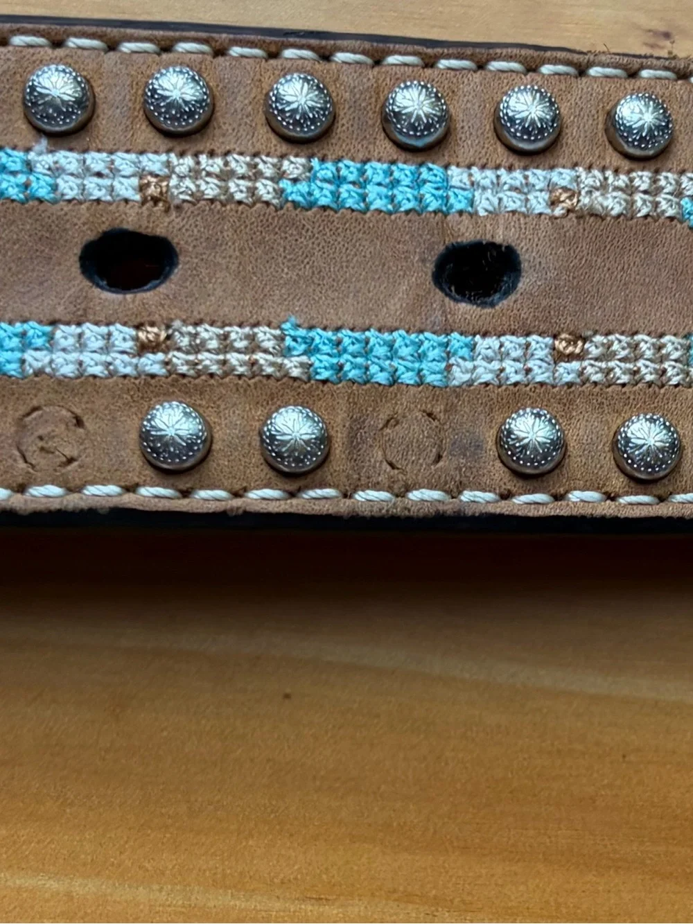 Embroidered Western-Style Brown Leather Belt with Turquoise Accents
